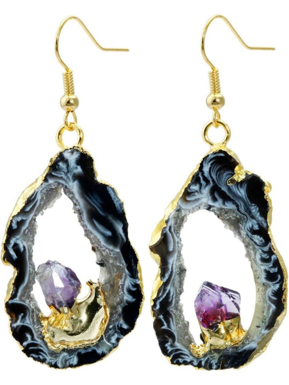 Natural Agate Geode Druzy Dangle Earrings with Amethyst Quartz Accents